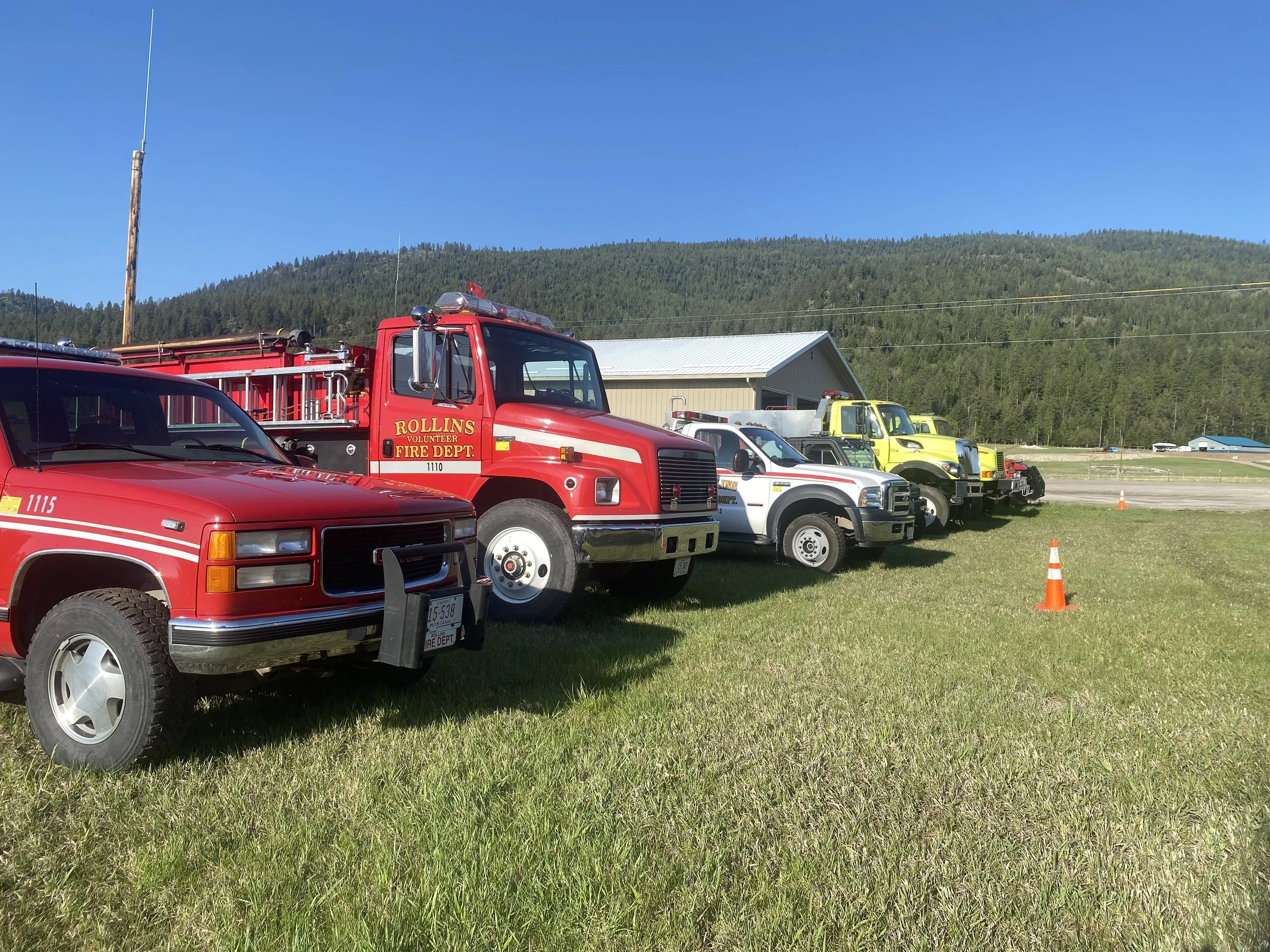 The Rollins Volunteer Fire Department fleet lined up at the fire hall