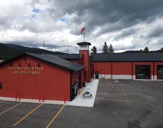 The new Rollins Volunteer Fire Department station under a cloudy sky